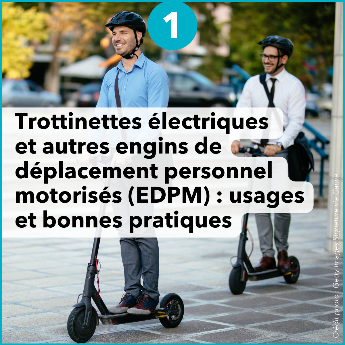Hommes sur trottinettes électriques illustrant un webinaire sur les EDPM