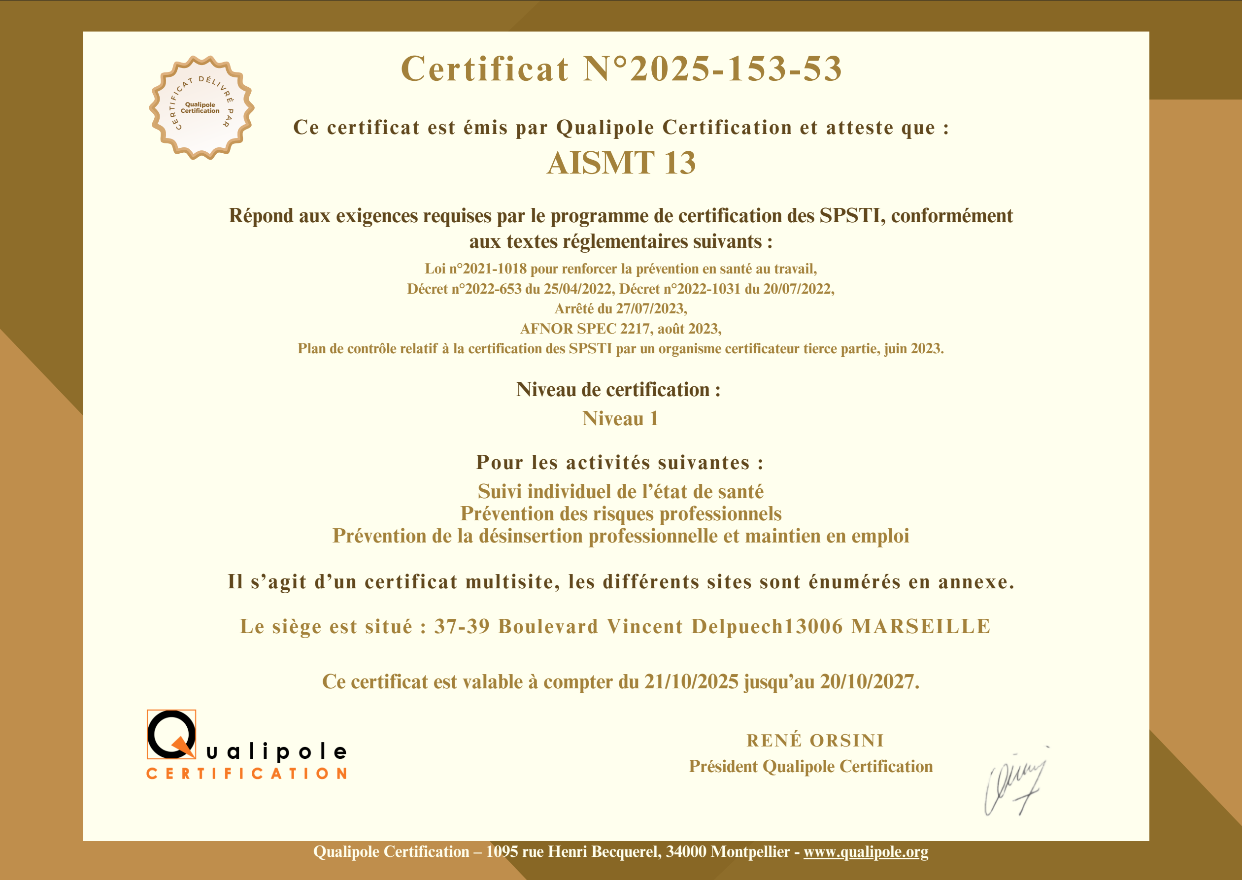 Certificat 2217 : 2023 n° 2025-153-53 AISMT13 - Qualipole