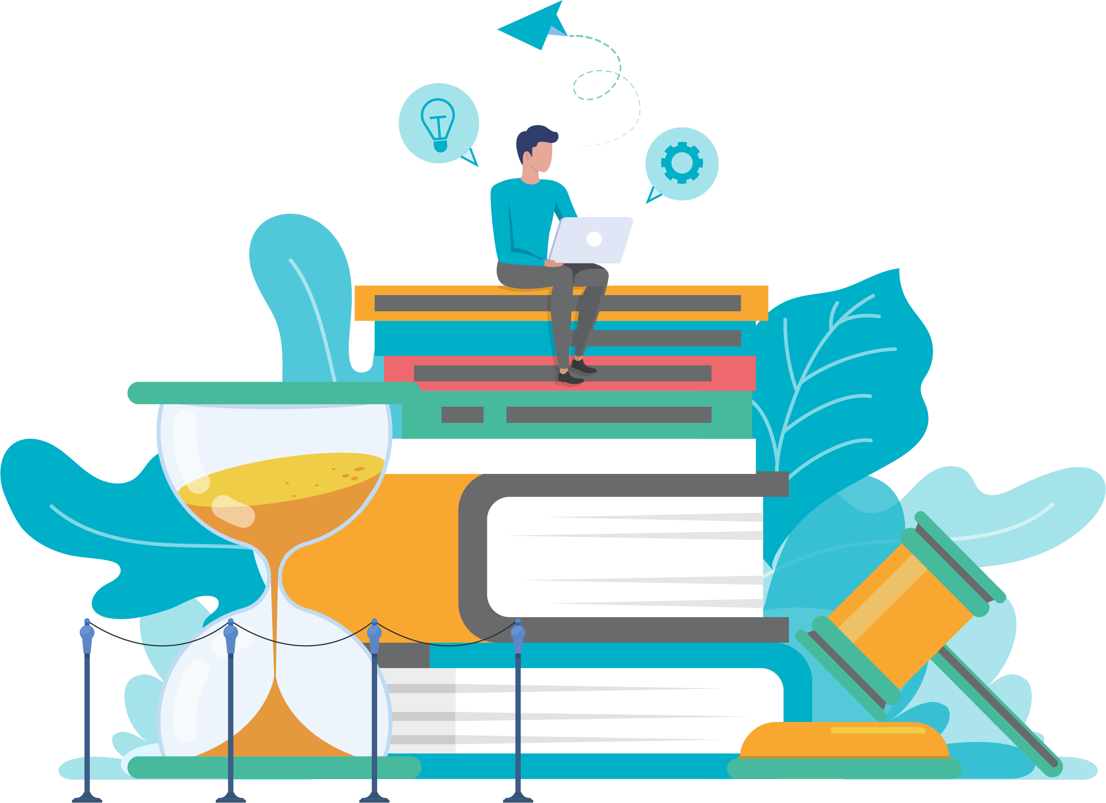 PersonnagesSablierLivre-Freepik-AISMT13 Illustration d'un personnage assis sur une pile de livres avec un sablier, une marteau de justice, des idées et des rouages techniques qui flottent dans le visuel pour représenter les outils, services et conseils de l'AISMT13 à disposition des représentants du personnel